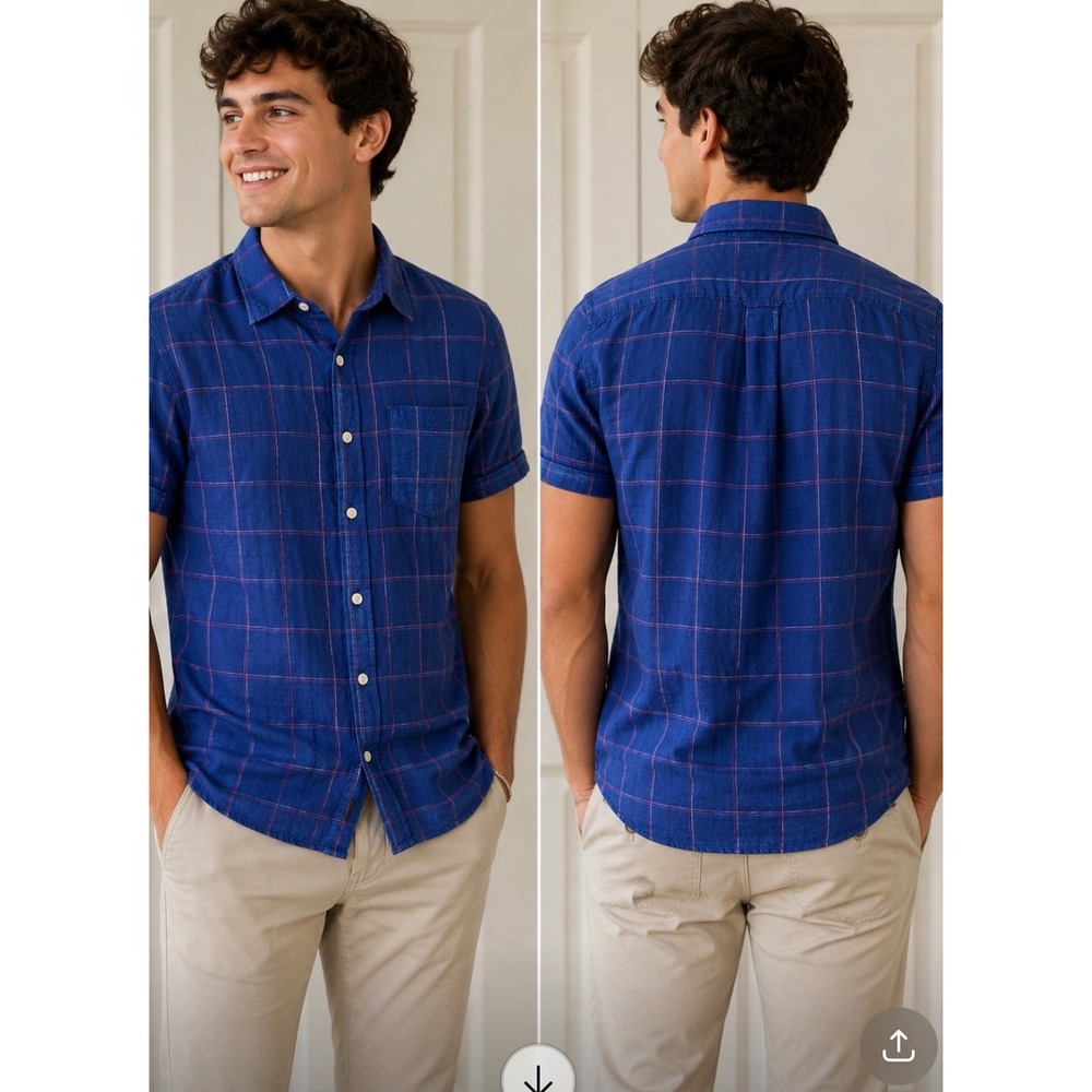 NWT Jachs NY Antilles Mens Navy Blue Linen Windowpane Short Sleeve Shirt L
